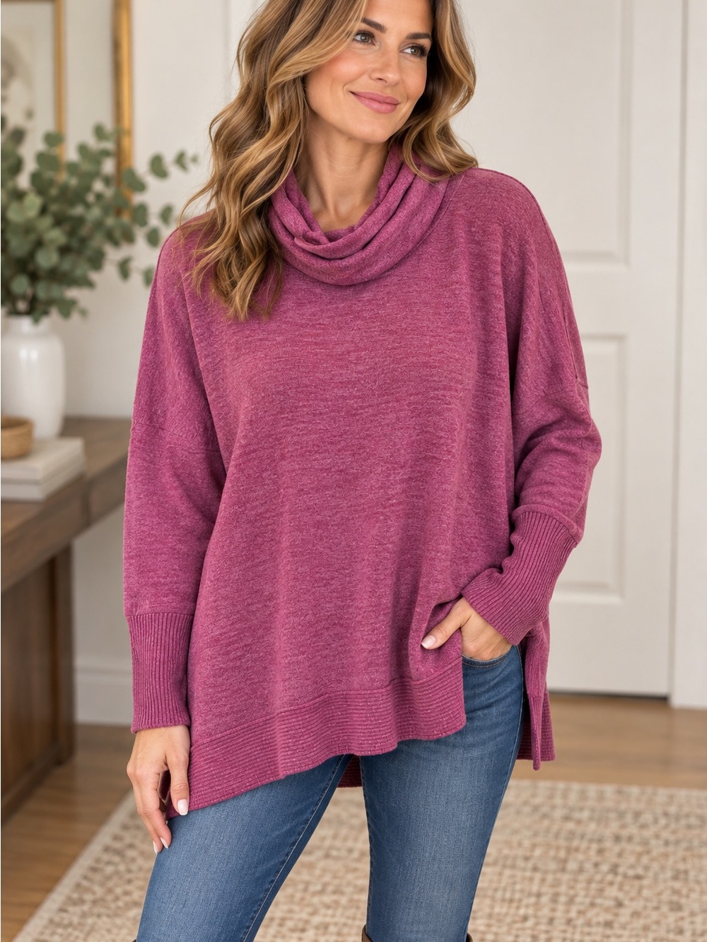 Zenana 1X Berry Pink Cowl Neck Oversized Tunic Sweater Long Sleeve